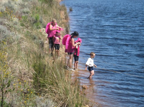 Tying up the pink hair before our dam crossing...