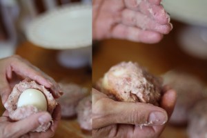 Keep on working the meat to cover the egg..
